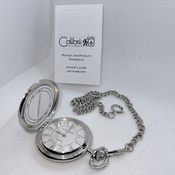 Colibri of London 17 Jewel Pocket Watch, picture frame, chain & Box Silver-tone - Picture 3 of 16